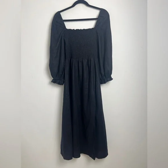 Reformation Small Black Gitane 100% Linen Long Puff Sleeve Smocked Midi  Dress